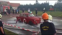German firefighters lifted up a trabant in air