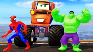 TOW MATER MONSTER TRUCK CARS ! Spiderman & HULK + Nursery Rhymes (Songs for Kids Compilation)