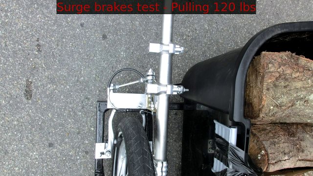 Heavy-duty bicycle trailer frame with overrun brakes - Braking test pulling 120 lbs