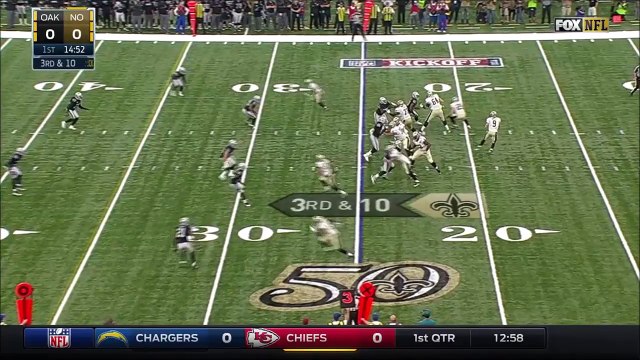 New Orleans Saints' Drew Brees is sacked by Oakland Raiders' Bruce Irvin and fumbles the ball!