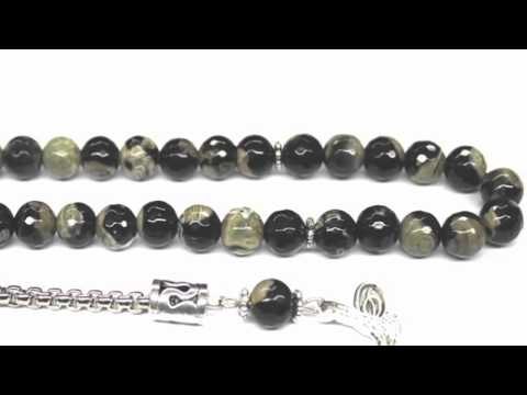 Yörem Siyah Alacalı Akik Taşı Tesbih 8 mm Faset Kesim