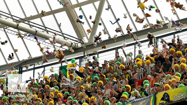 Soccer fans throw hundreds of stuffed animals to sick kids sitting below