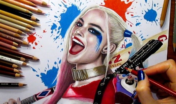 Speed Drawing of Margot Robie as Harley Quinn in Suicide Squad Movie How to Draw Time Lapse Art Video Colored Pencil Illustration Artwork Draw Realism