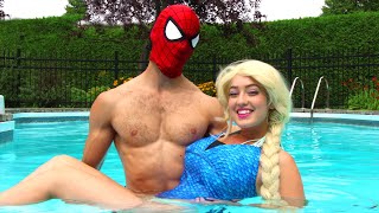 Frozen Elsas POOL SURPRISE! w/ Spiderman Maleficent Pink Spidergirl Joker! Funny Superhero Video
