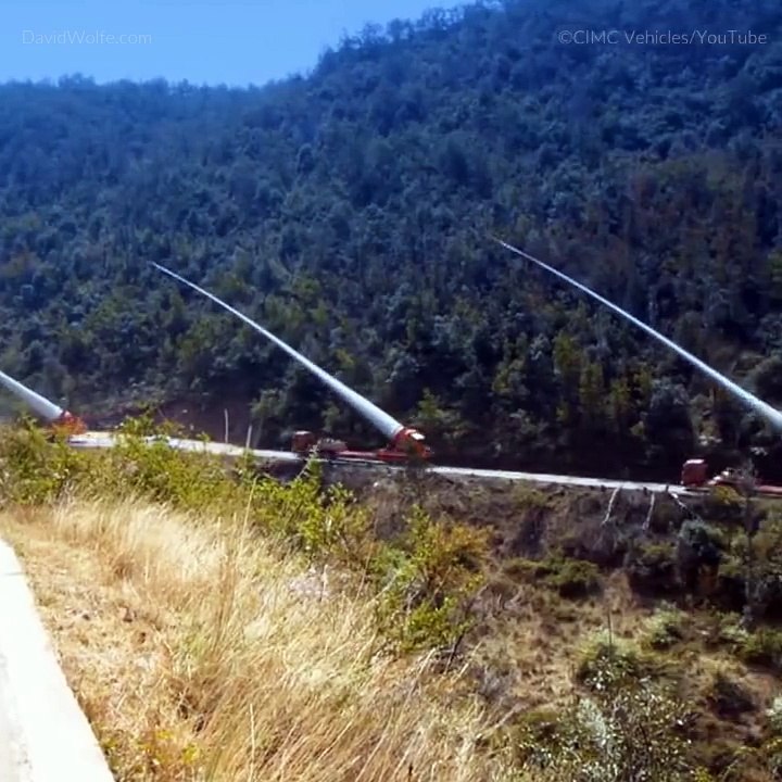 Wind Turbine Blades Transported Up A Mountain