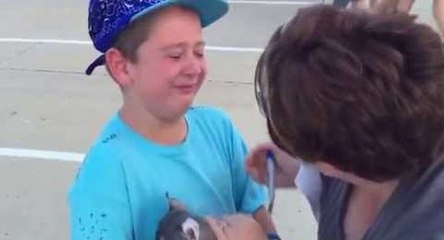 Un enfant fond en larmes devant son cadeau.