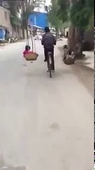 Người cha "vi diệu" vừa gánh con trên vai vừa chạy xe đạp