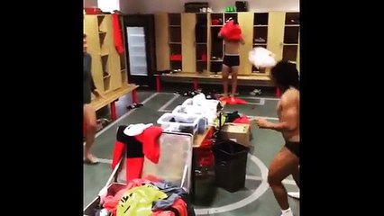 Nicklas Bendtner shows of his skills in the dressing room