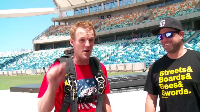 Erik Roner does massive BASE jump into sold out Nitro Circus show!