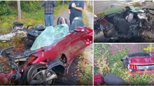 Mustang fica completamente destruído após violento acidente e condutor sai a andar como se nada fosse