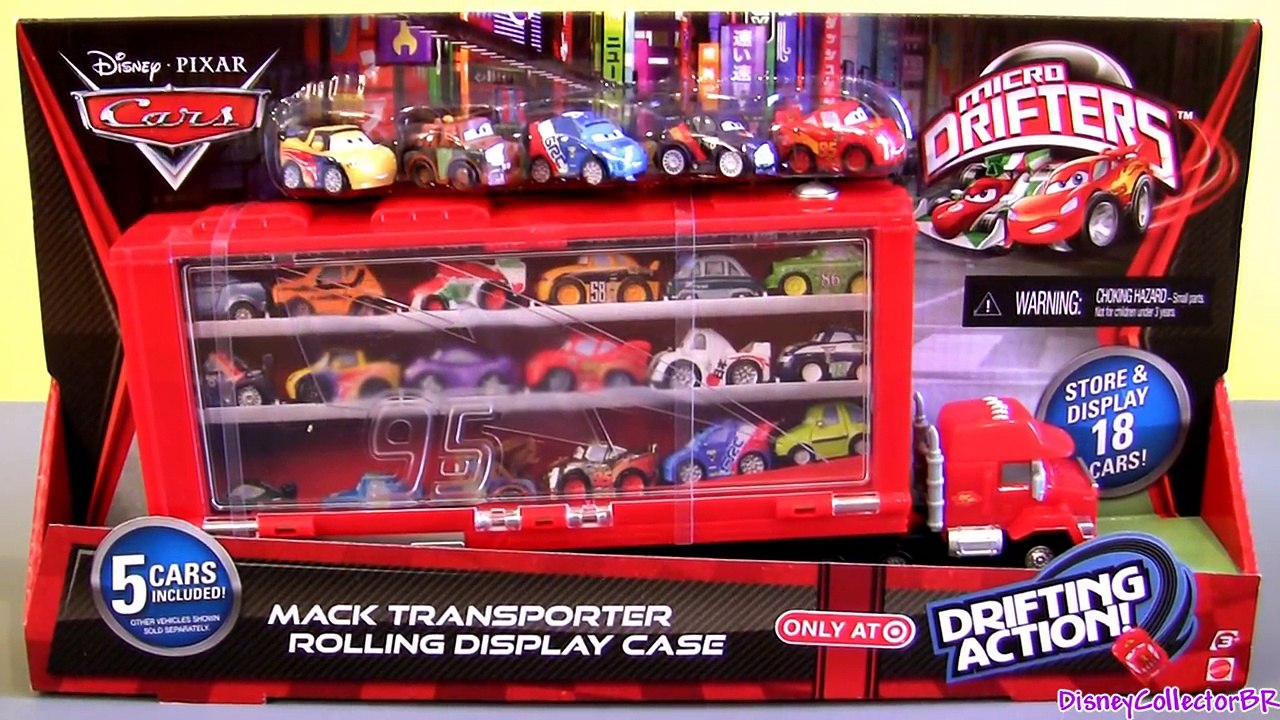 18 CARS Mack Transporter Rolling Display Case Micro Drifters Mack Truck Hauler Display Disney