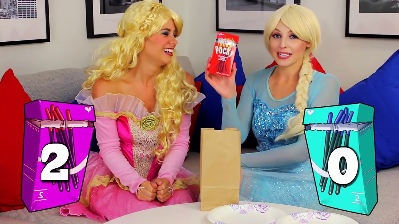 Disney Princess Pocky Challenge Frozen Elsa vs Aurora Sleeping Beauty. DisneyToysFan