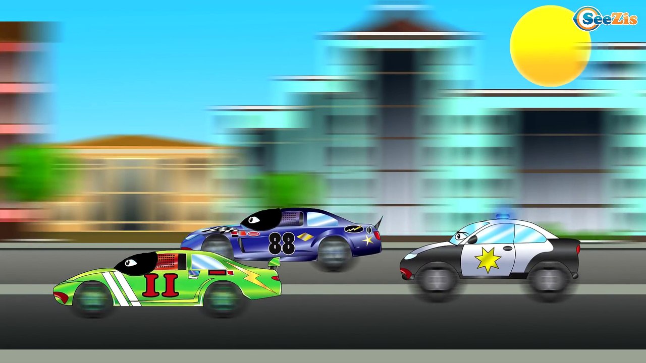 Cartoons - Police Car rescues the Little Pink Car from an Accident in the town