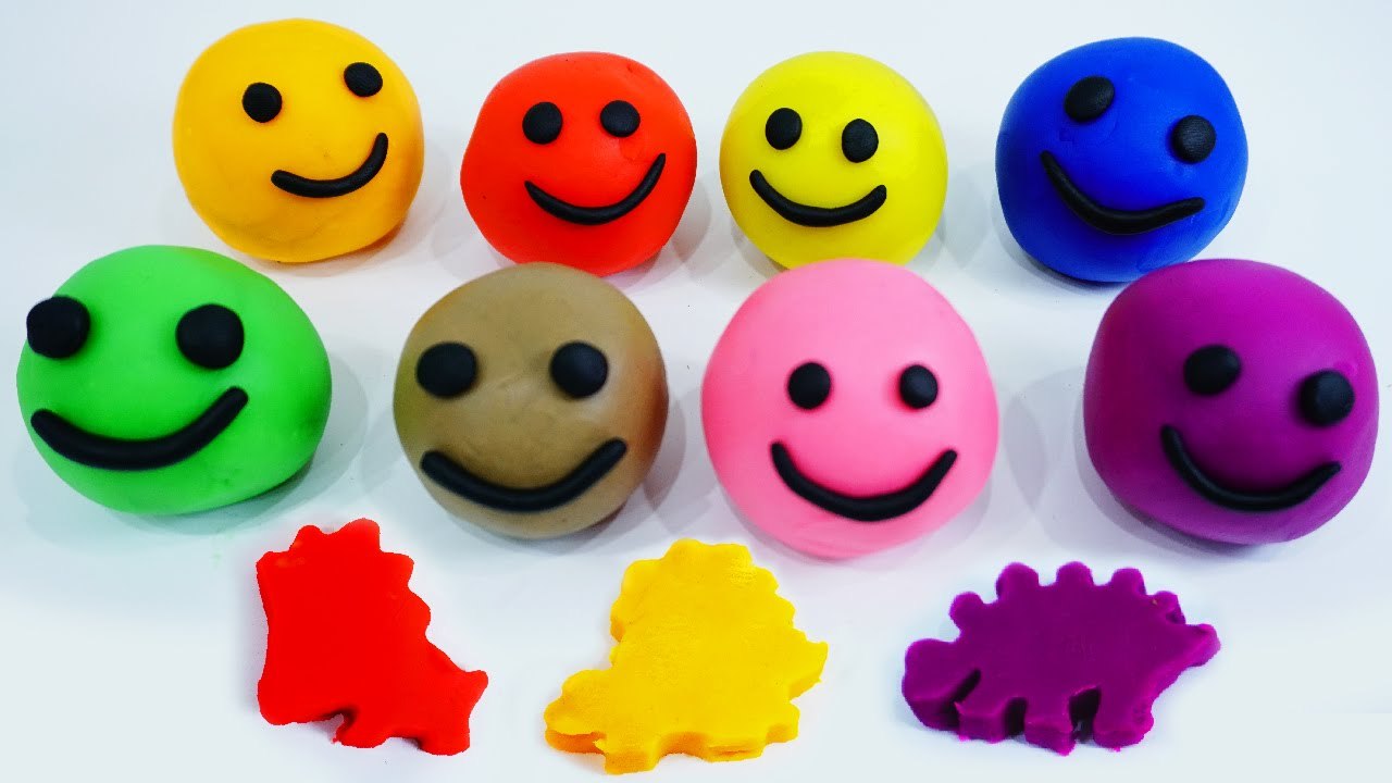 Learning Colours with Play Doh Smiley Face with the dinosaur Cookie Cutters - Cartoon for Kids