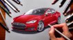 Speed Drawing of a Tesla Model S Electric Car How to Draw Time Lapse Art Video Colored Pencil Illustration Artwork