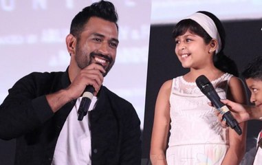 Dhoni interacts with Surya's Children Diya and Dev at Chennai - The Untold Story Press Meet Speech