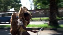 Un éthiopien se déplace en vélo avec 2 moutons sur lui !