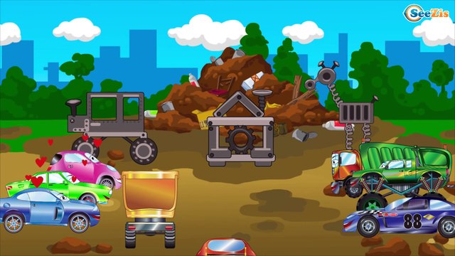 Patrouille - Voiture de police et Camion de pompiers. Voiture de course - Dessins animés