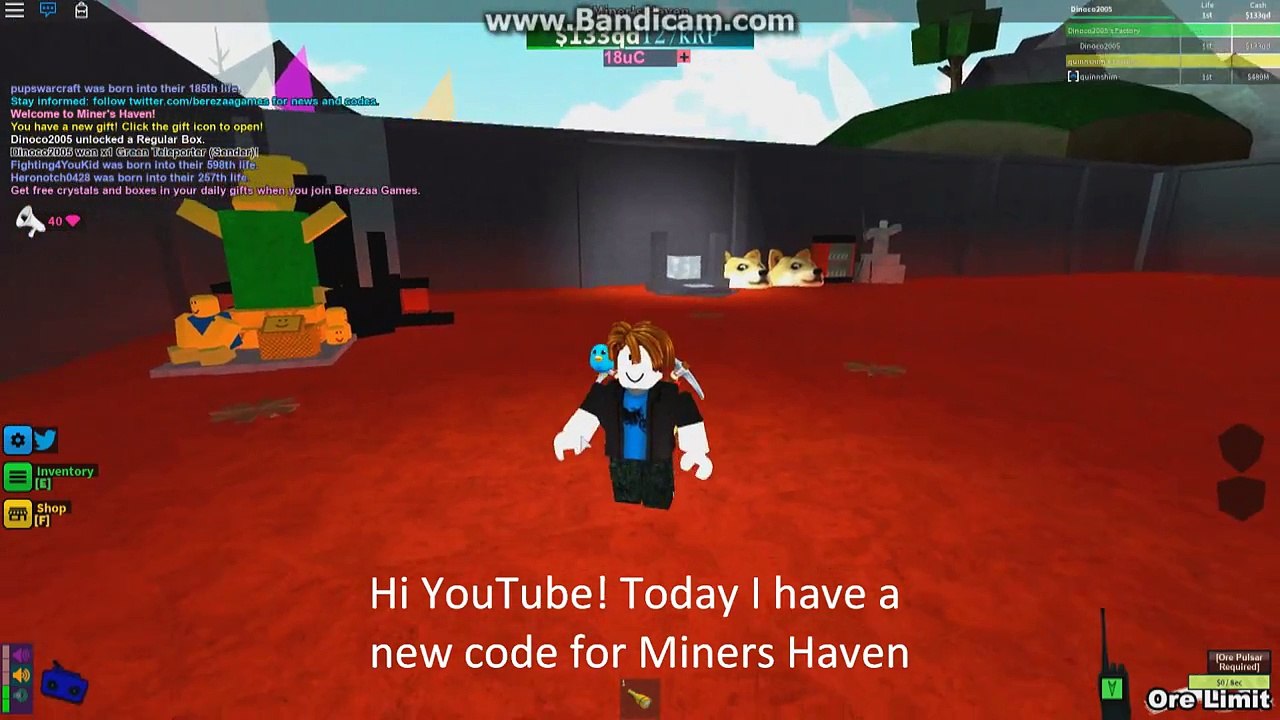 Roblox Miners Haven Brand New Code 40 Crystals 1 Inferno Box 2 Unreal Boxes Video Dailymotion - twitter codes for roblox miners haven