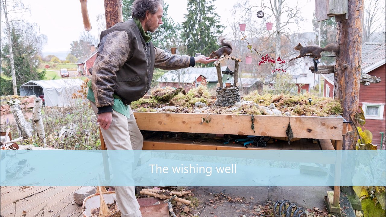 Photographer with Squirrels with the wishing well