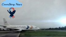 Landing without wheels cargo plane skids down Indonesian runway