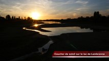 Le Lot-et-Garonne vu du ciel : coucher de soleil sur le lac de Lambronne à Lamontjoie