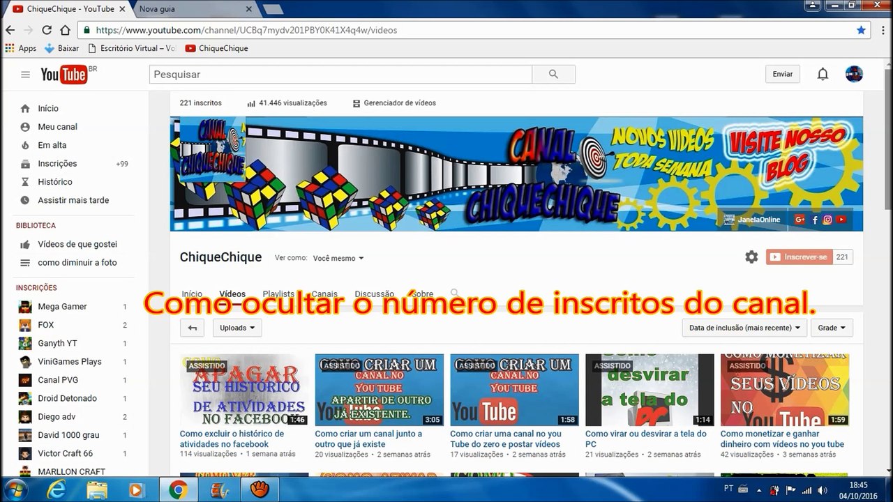 Como esconder ou ocultar o número de inscritos do canal do YouTube.