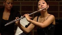 A butterfly lands on the face of a flute player