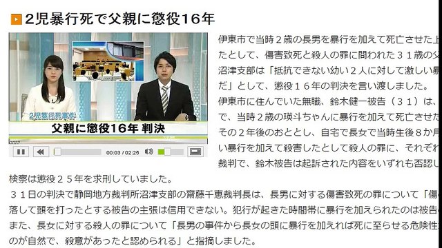 静岡 ２児暴行死で父親に懲役１６年 16年05月31日 動画 Dailymotion
