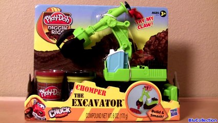 PLAY DOH Chomper the Excavator Truck Tossing Micro Drifters Cars in Rowdy Garbage Truck Disney Pixar