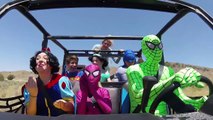 Superheroes Dancing in a car in 4k Off road w/ Frozen Elsa Green Spiderman Superman Snow White
