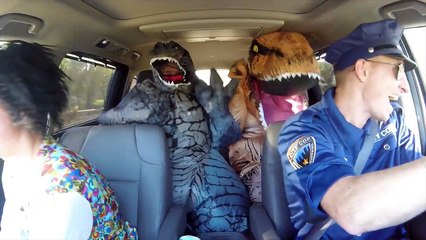 Superhero Car Dance in 4K!! w/ hoverboard cop and hippie and T-rex vs godzilla in real life