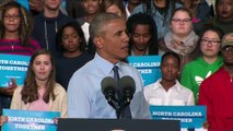 Obama goes after Trump, the politician, and Trump, the businessman, at rally