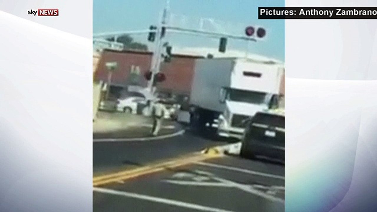 Cargo train saws through truck in US