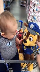 Baby reacts to his new furry friend