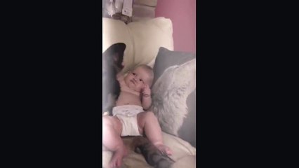 Baby spends precious moments with German Shepherd