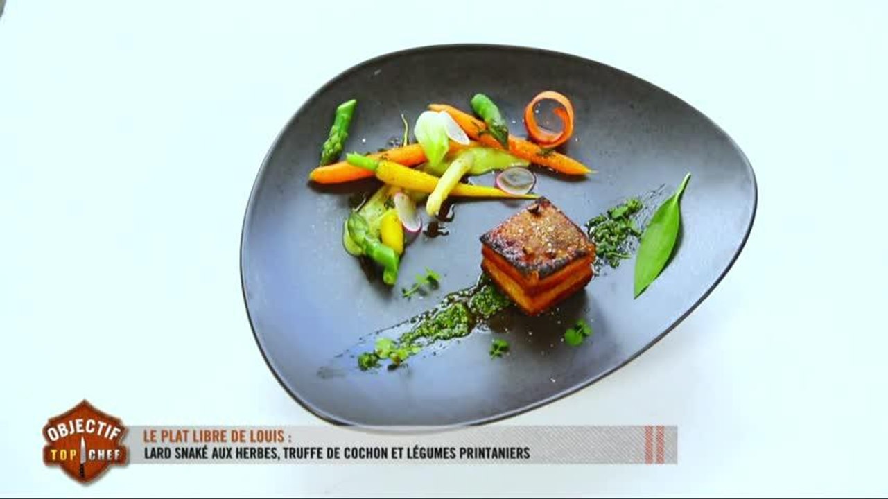 Lard snacké en herbes, truffe de cochon et légumes printaniers par Louis