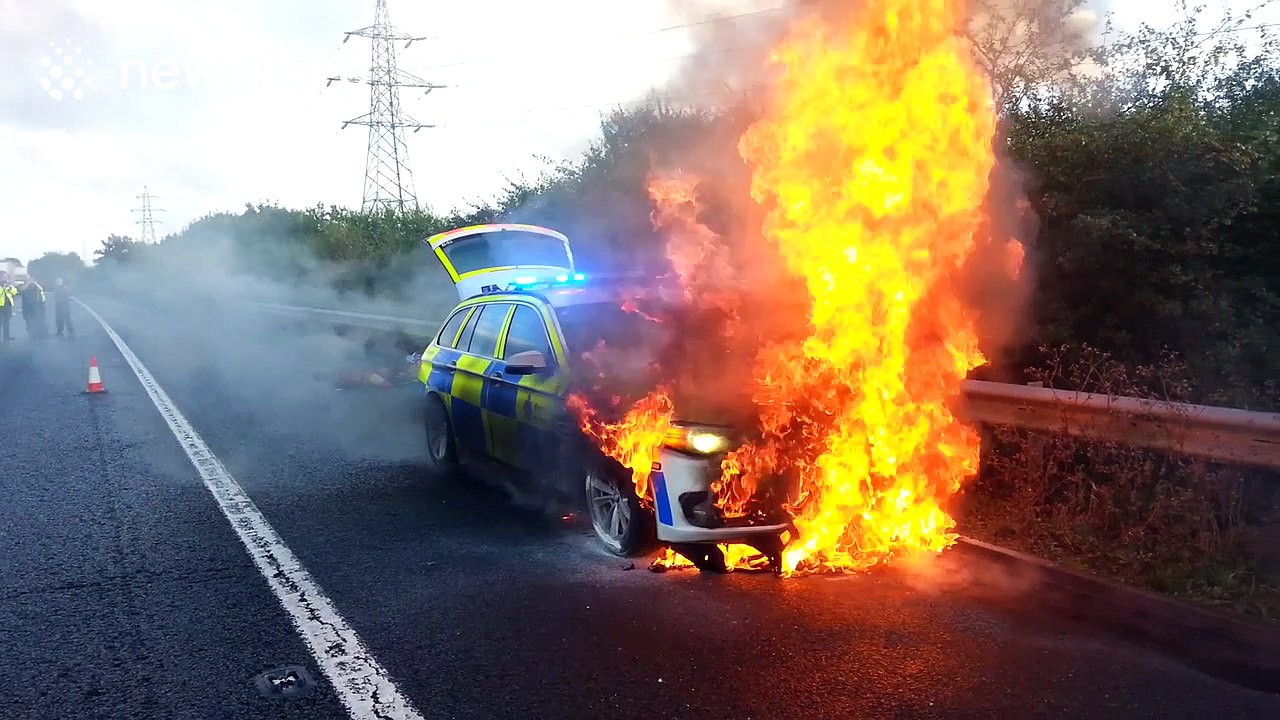 Kent Police car on fire on M20