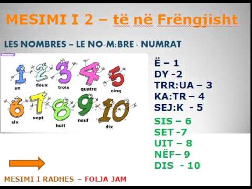 NUMRAT NE FRENGJISHT - LES NOMBRES EN FRANCAIS -MESIMI 2