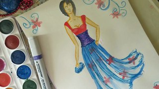 fashion illustration: long dress with flowers
