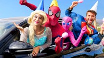 Spiderman BALLOONS Prank! Frozen Elsa CAR PARTY w- Jack frost Pink Spidergirl Superman