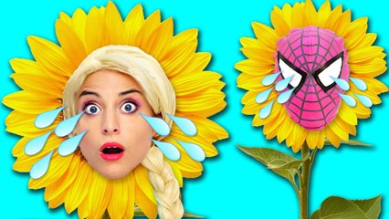 Frozen Elsa & Pink Spider Girl Become Flowers w- Spiderman Mad Scientist Maleficent! Superhero Fun