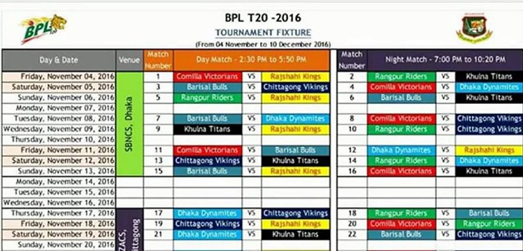 BPL T20 cricket match schedule 2016|bangladesh premier league 2016 match Fixtures & Squad|cricinfo