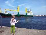 Girl honks at ship