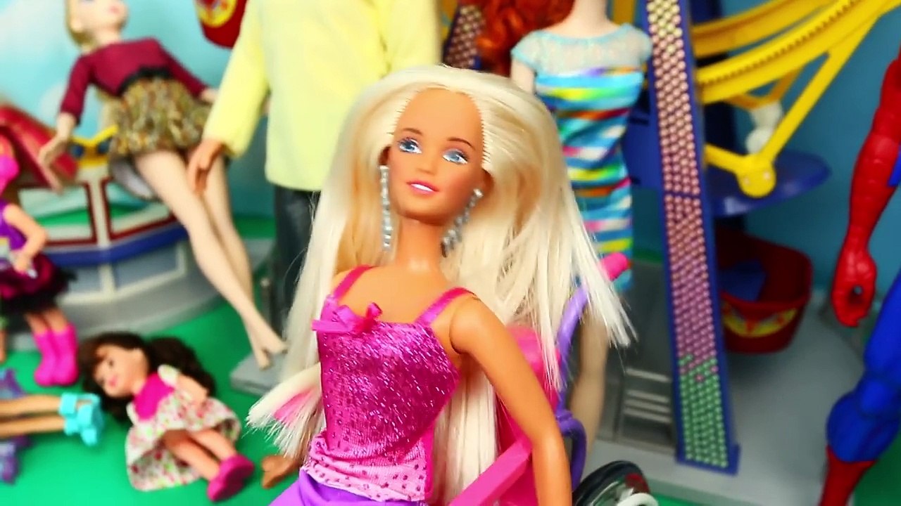 Barbie Steals a Wheelchair BAD BARBIE at Amusement Park Roller Coaster + Frozen Kids & Spiderman