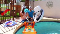 POOL Carnival Games Shark Toys + Potty Toss Family Game Challenge in Giant Swimming Pool