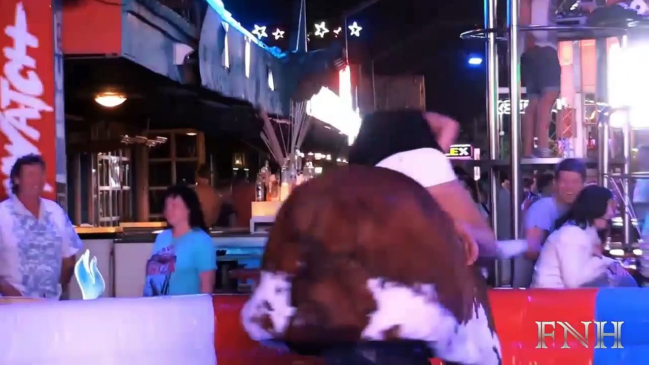 Funny Girl Mini Skirt Riding Mechanical Bull Fail