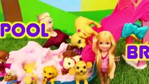 Barbie Chelsea Puppy vs Barbies Giant Swimming Dog Pool Funny Parody DisneyCarToys