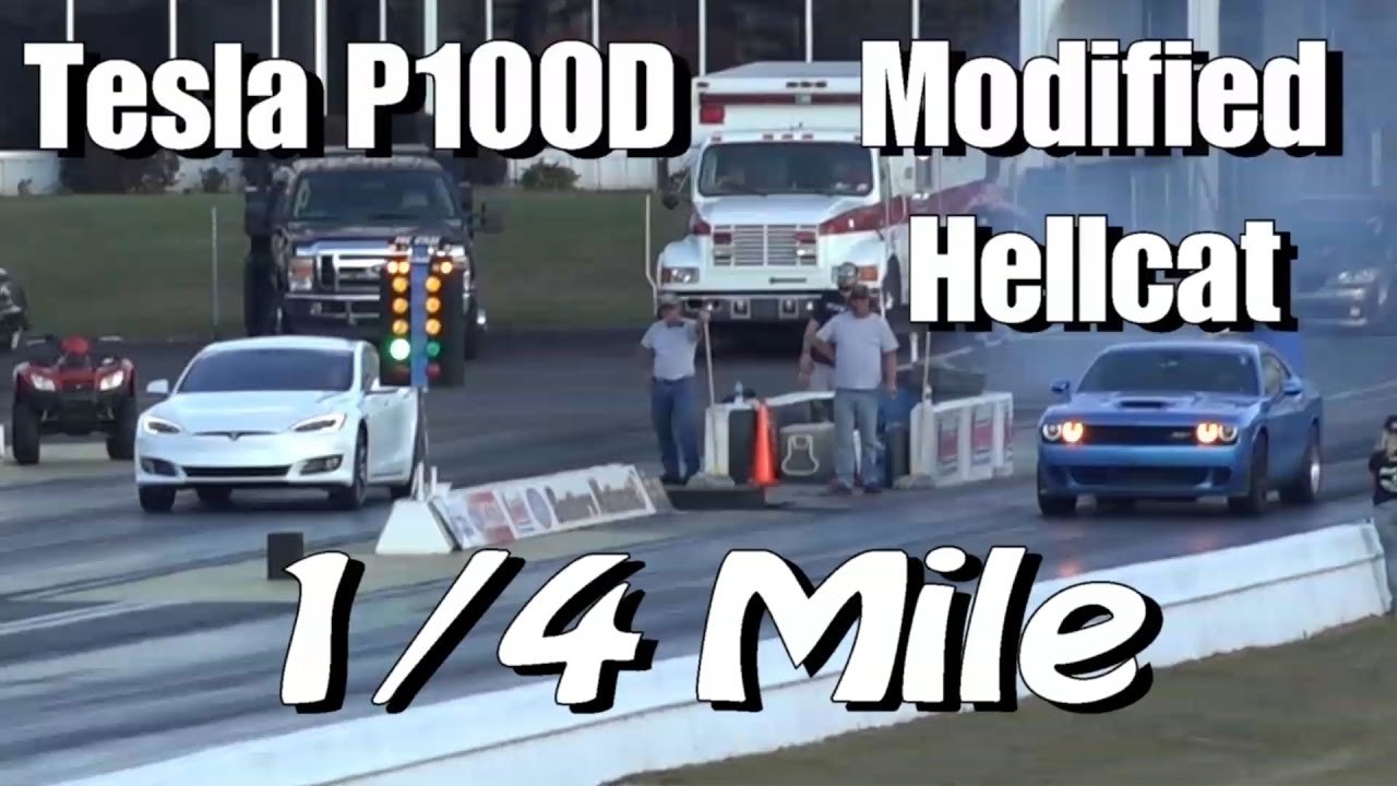 Tesla P100D Hunts Down Modified Hellcat Challenger 1/4 Mile Drag Race!