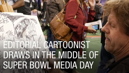 Editorial Cartoonist Draws in the Middle of Super Bowl Media Day